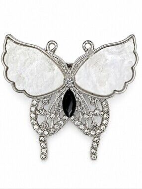 💎Silver Tone Mother of Pearl Butterfly Brooch Black Crystal Rhinestone Wings